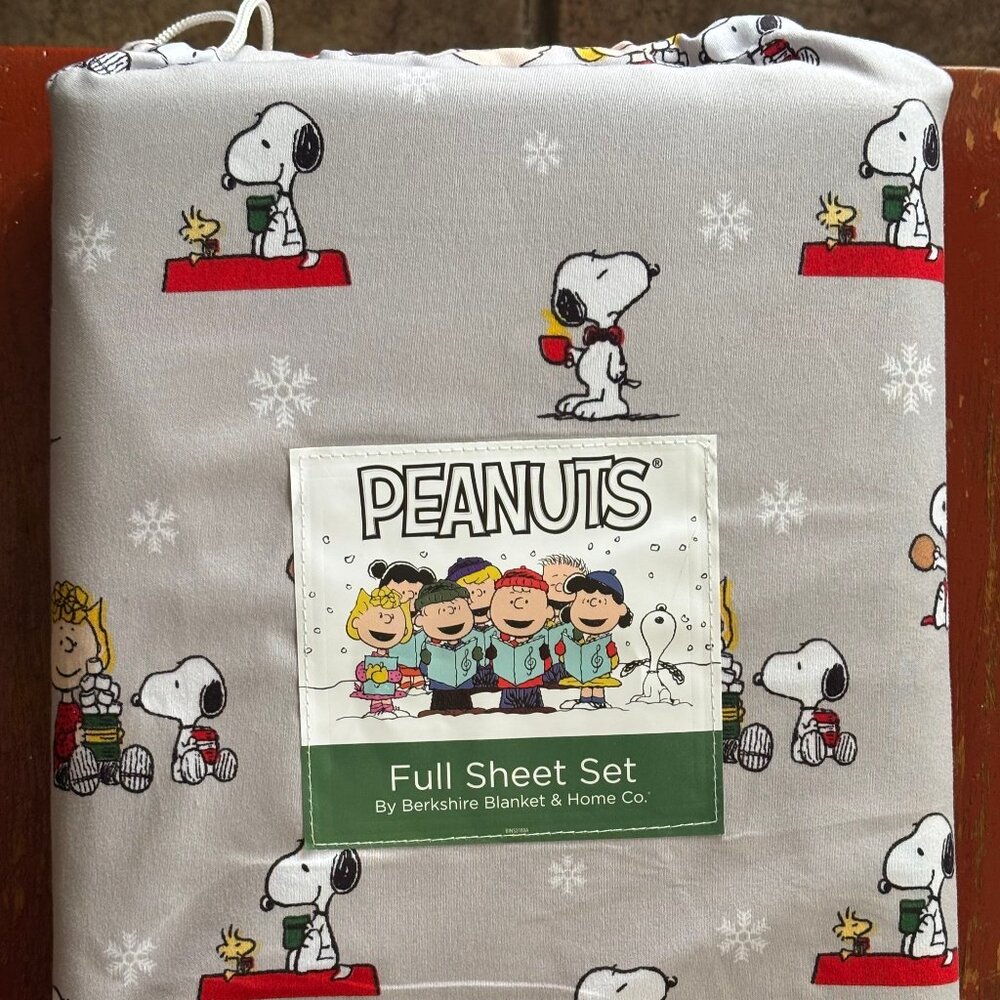Peanuts Snoopy Christmas QUEEN Size Sheet Set Hot Cocoa Snowflakes Woodstock